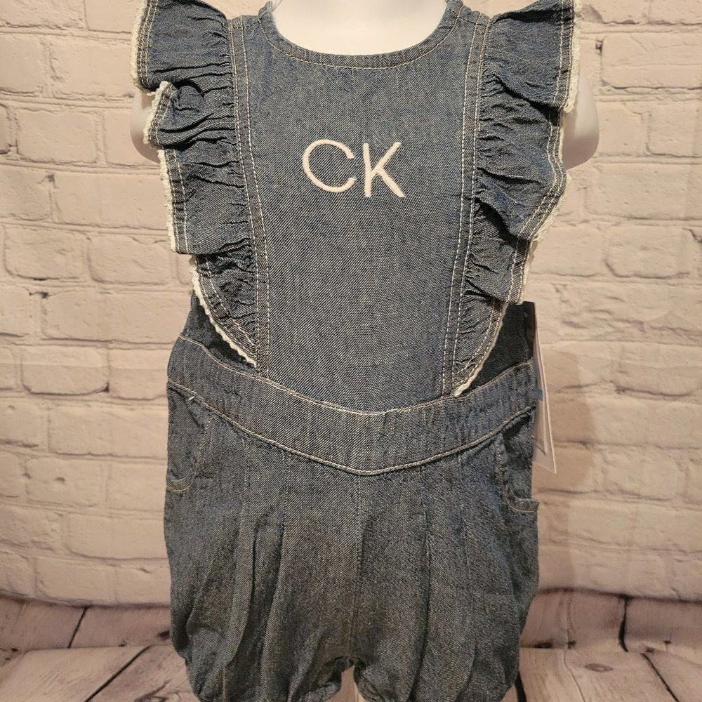 Calvin Klein Baby Girls Chambray Ruffle-Trim Romper